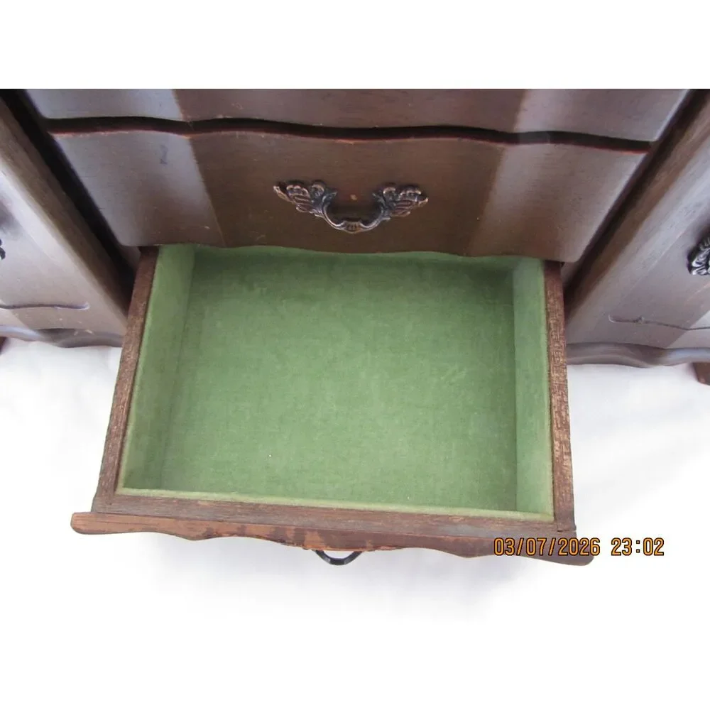 Vintage wood jewelry box 9 drawer, jewelry chest armoire Japan pine green velvet
